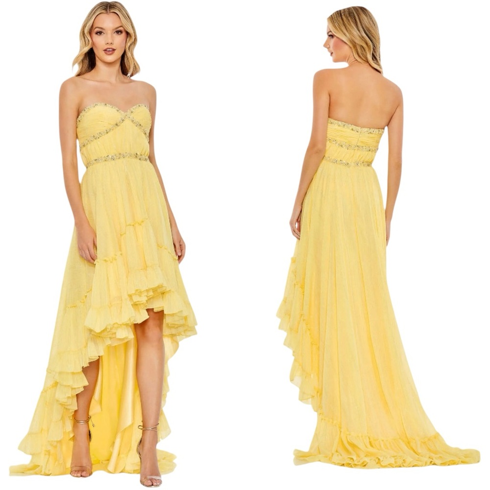 Mac Duggal Yellow Beaded Ruffle High Low Gown